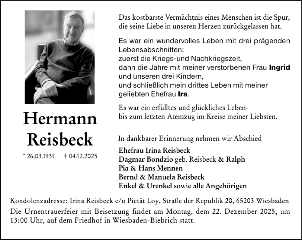  Traueranzeige für Hermann Reisbeck vom 13.12.2025 aus Wiesbadener Kurier