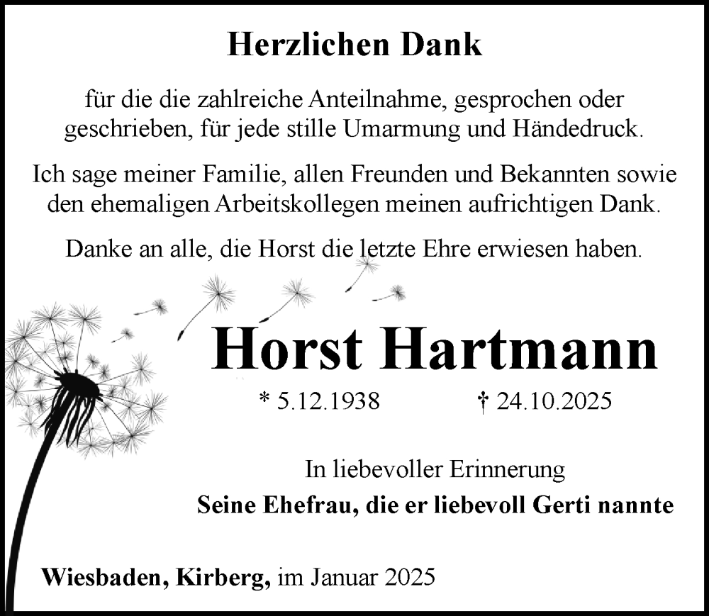  Traueranzeige für Horst Hartmann vom 27.12.2025 aus Wiesbadener Kurier