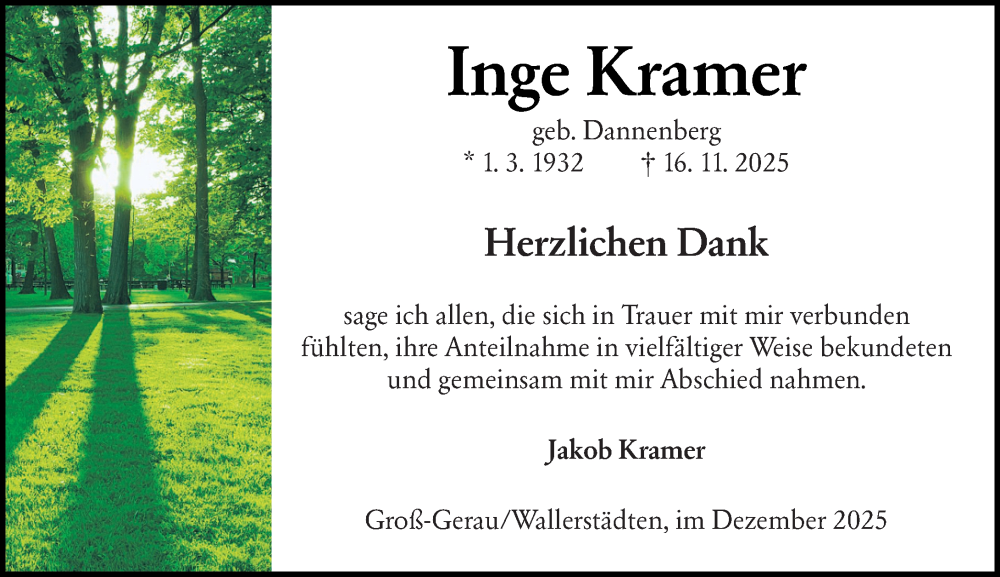  Traueranzeige für Inge Kramer vom 13.12.2025 aus Groß-Gerauer Echo