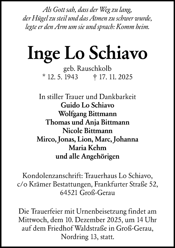  Traueranzeige für Inge Lo Schiavo vom 06.12.2025 aus Groß-Gerauer Echo