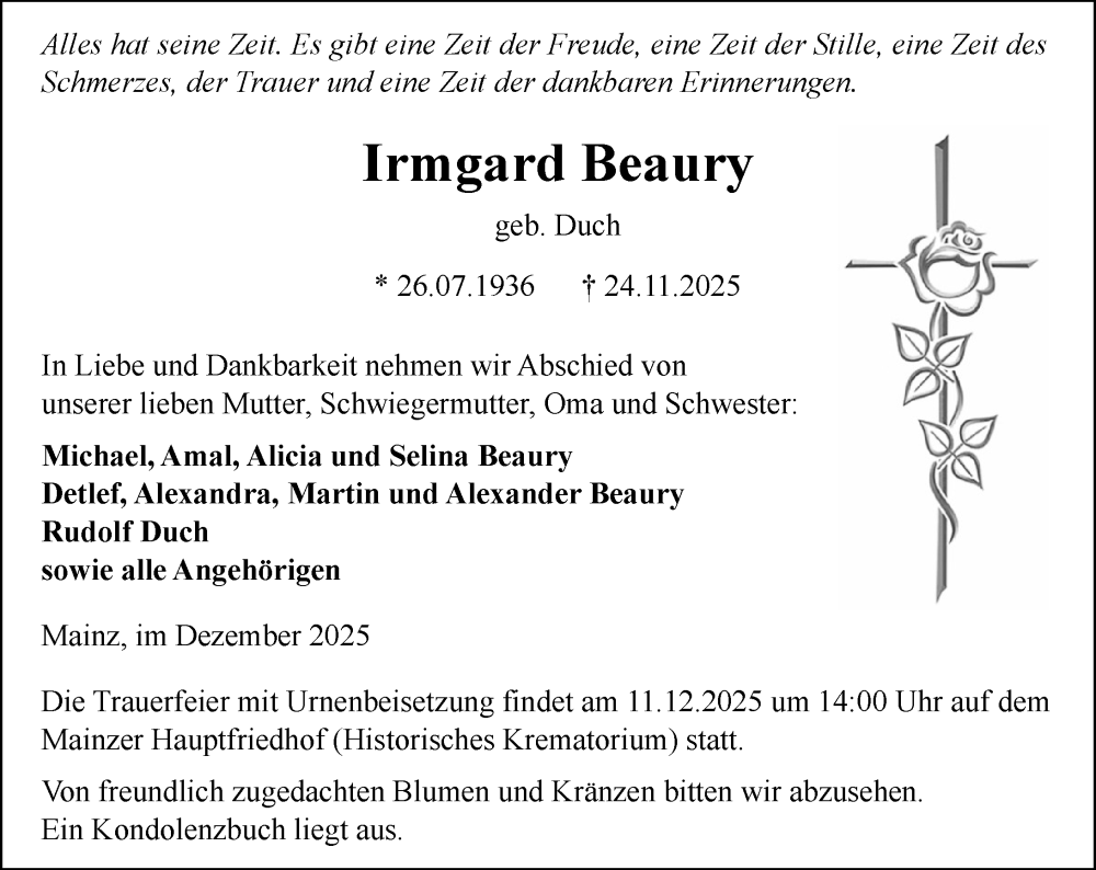  Traueranzeige für Irmgard Beaury vom 06.12.2025 aus Allgemeine Zeitung Mainz