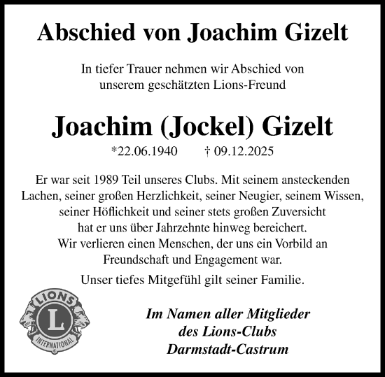 Traueranzeige von Joachim Gizelt von Darmstädter Echo