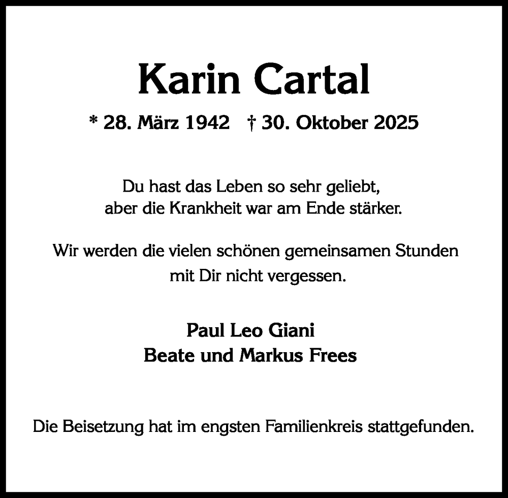  Traueranzeige für Karin Cartal vom 06.12.2025 aus Wiesbadener Kurier