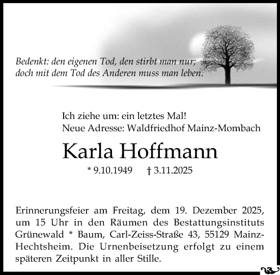 Traueranzeige von Karla Hoffmann von Allgemeine Zeitung Mainz