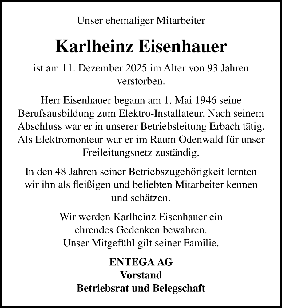  Traueranzeige für Karlheinz Eisenhauer vom 20.12.2025 aus Odenwälder Echo