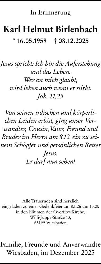  Traueranzeige für Karl Helmut Birlenbach vom 20.12.2025 aus Wiesbadener Kurier
