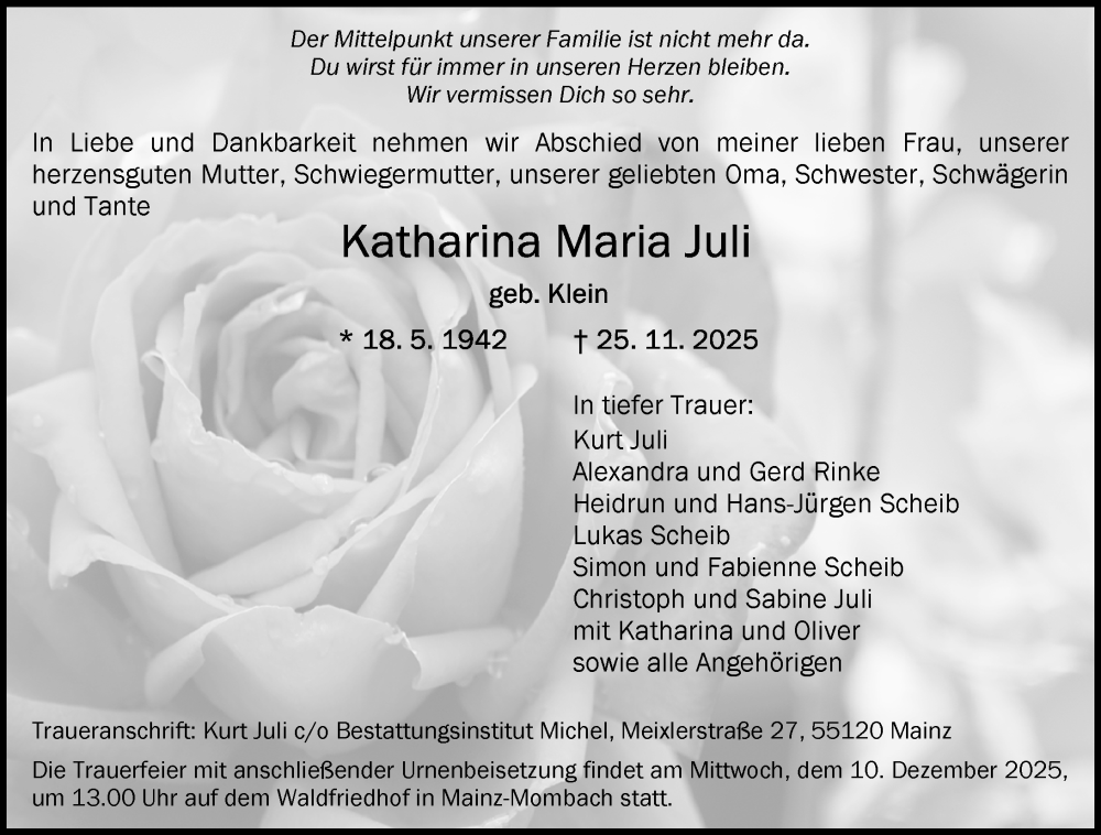  Traueranzeige für Katharina Maria Juli vom 06.12.2025 aus Allgemeine Zeitung Mainz
