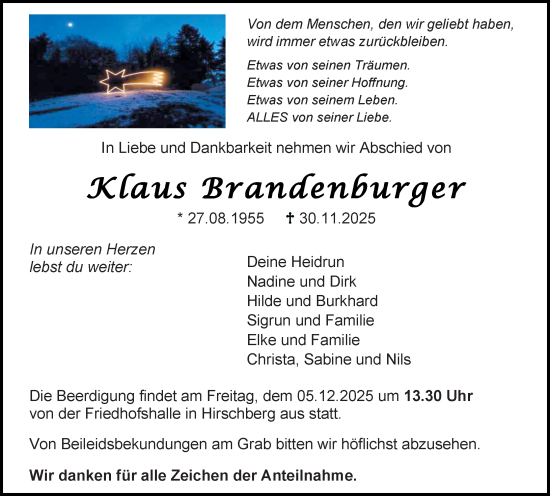 Traueranzeige von Klaus Brandenburger von Dill Block
