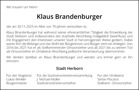 Traueranzeige von Klaus Brandenburger von Dill Block