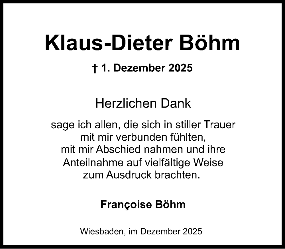  Traueranzeige für Klaus-Dieter Böhm vom 20.12.2025 aus Wiesbadener Kurier