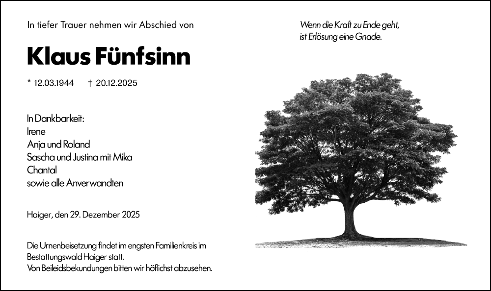  Traueranzeige für Klaus Fünfsinn vom 29.12.2025 aus Dill Block