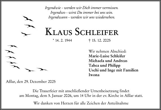 Traueranzeige von Klaus Schleifer von Wetzlarer Neue Zeitung