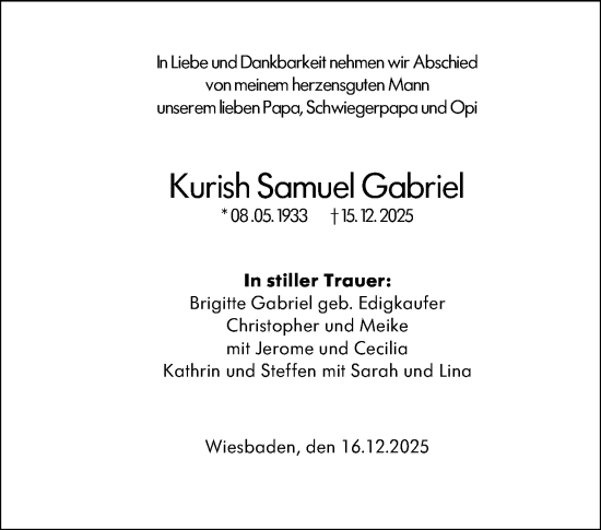 Traueranzeige von Kurish Samuel Gabriel von Wiesbadener Kurier
