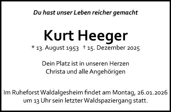 Traueranzeige von Kurt Heeger von Allgemeine Zeitung Mainz