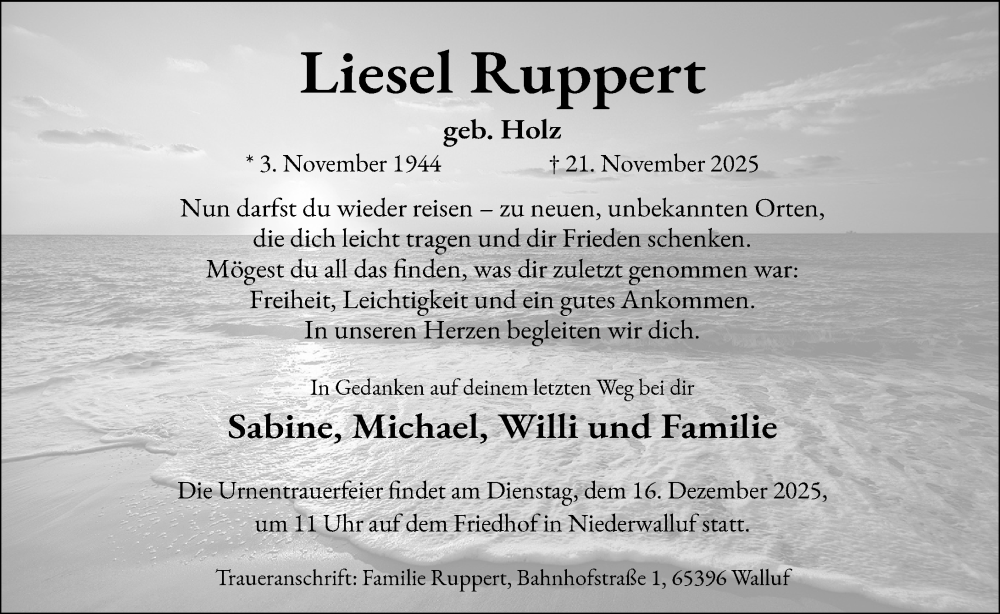  Traueranzeige für Liesel Ruppert vom 06.12.2025 aus Rheingau Kurier
