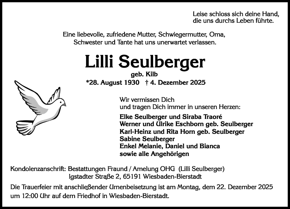  Traueranzeige für Lilli Seulberger vom 13.12.2025 aus Wiesbadener Kurier