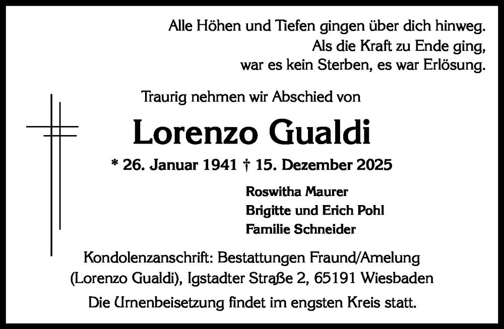  Traueranzeige für Lorenzo Gualdi vom 20.12.2025 aus Wiesbadener Kurier