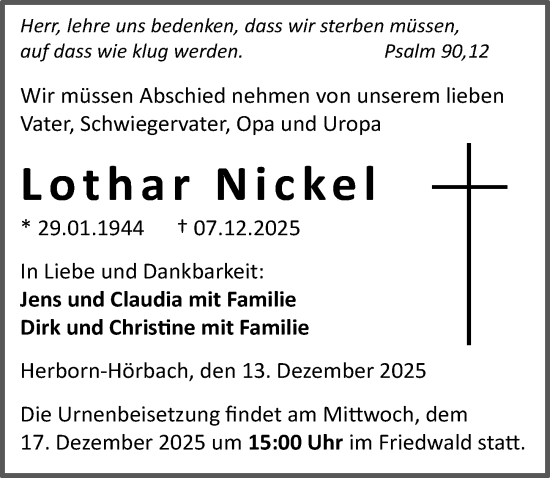 Traueranzeige von Lothar Nickel von Dill Block