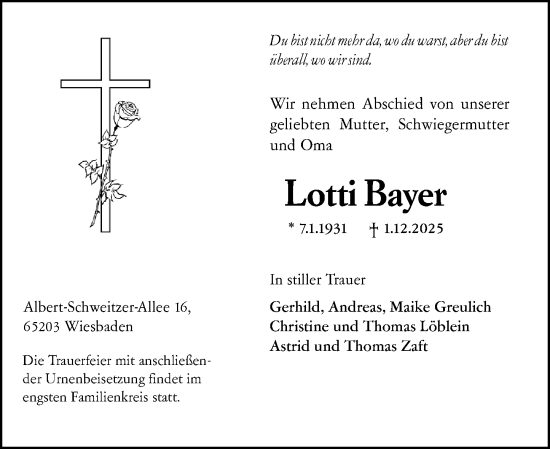 Traueranzeige von Lotti Bayer von Wiesbadener Kurier