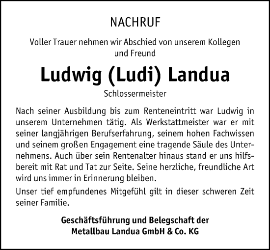 Traueranzeige von Ludwig Landua von Allgemeine Zeitung Mainz