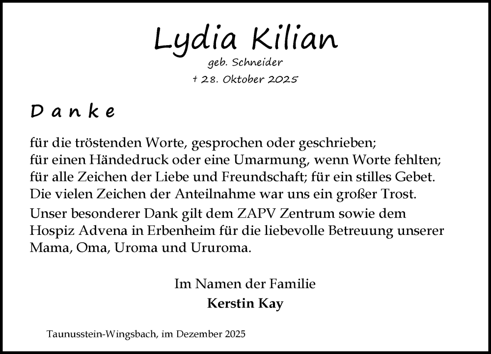  Traueranzeige für Lydia Kilian vom 06.12.2025 aus Wiesbadener Kurier
