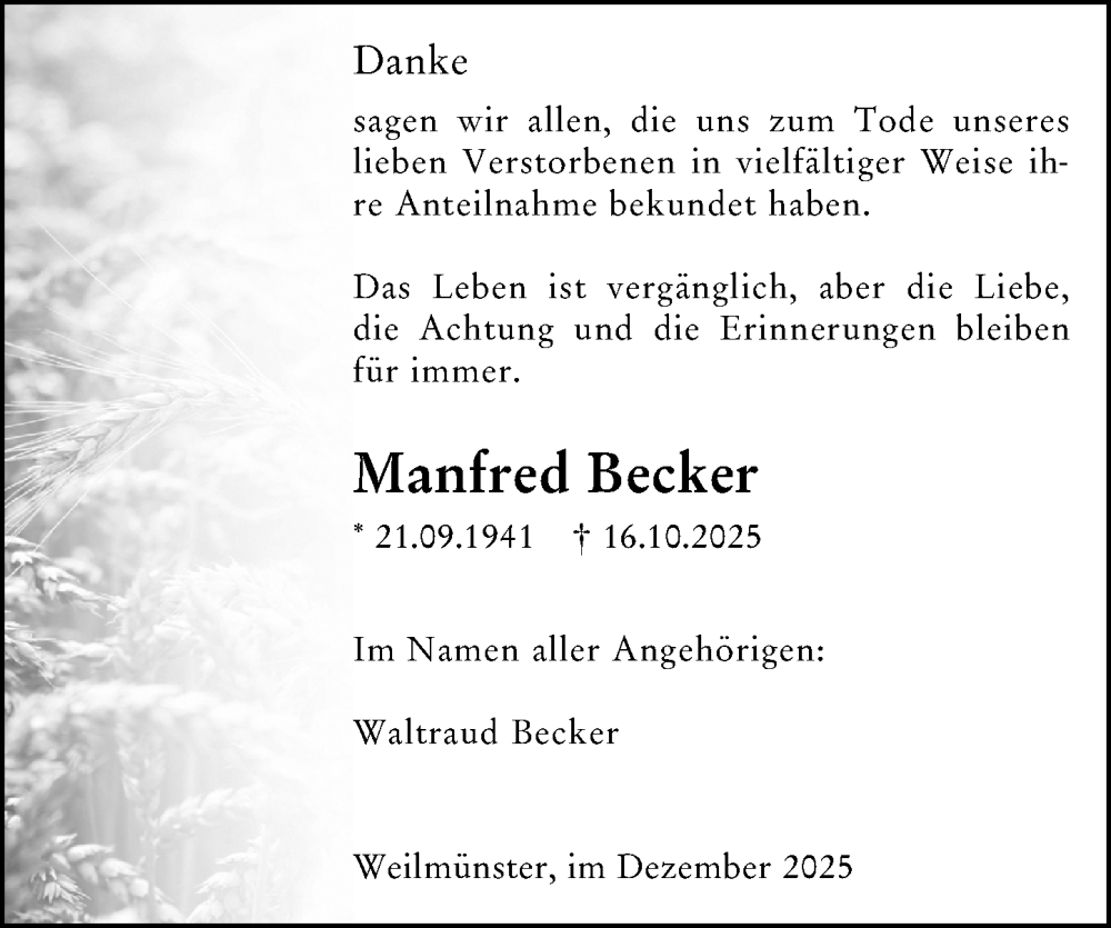  Traueranzeige für Manfred Becker vom 20.12.2025 aus Weilburger Tageblatt