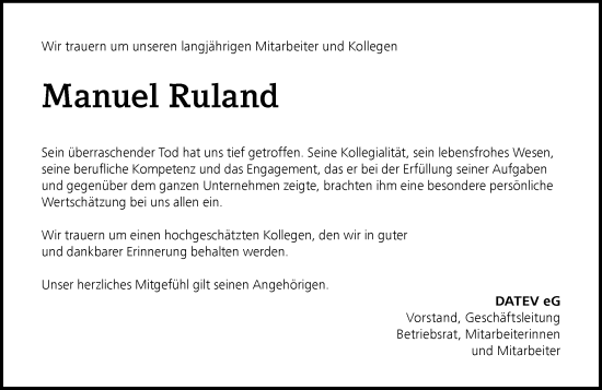 Traueranzeige von Manuel Ruland von Wiesbadener Kurier
