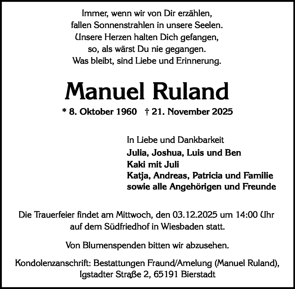  Traueranzeige für Manuel Ruland vom 01.12.2025 aus Wiesbadener Kurier