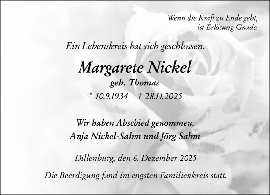 Traueranzeige von Margarete Nickel von Dill Block