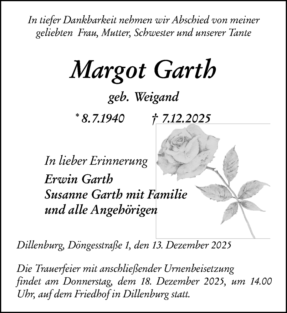  Traueranzeige für Margot Garth vom 13.12.2025 aus Dill Block