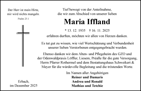 Traueranzeige von Maria Iffland von Odenwälder Echo
