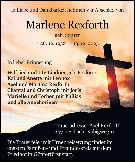 Traueranzeige von Marlene Rexforth von Odenwälder Echo