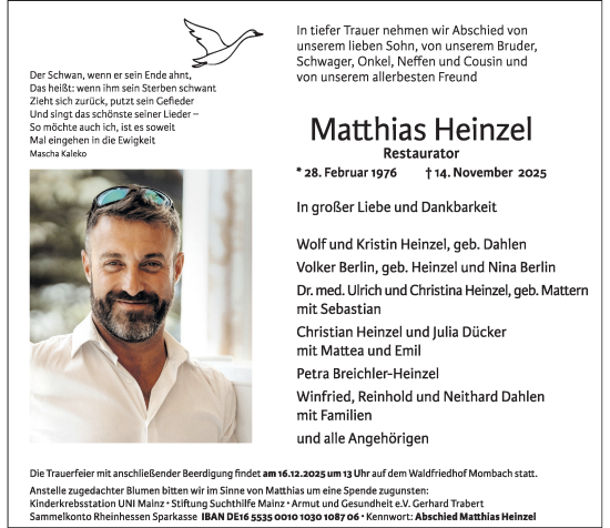 Traueranzeige von Matthias Heinzel von Allgemeine Zeitung Mainz