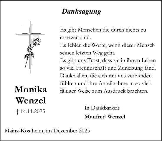 Traueranzeige von Monika Wenzel von Allgemeine Zeitung Mainz