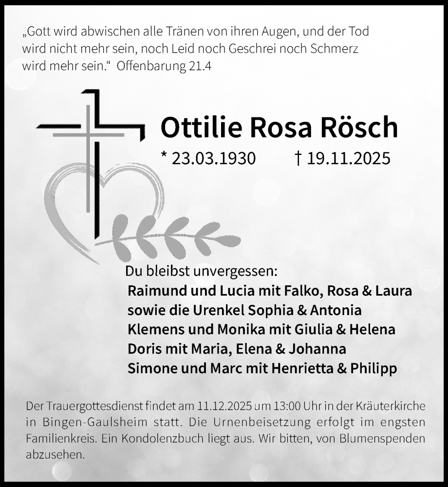  Traueranzeige für Ottilie Rosa Rösch vom 06.12.2025 aus Binger-/Ingelheimer Wochenblatt