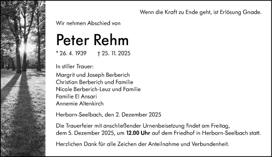 Traueranzeige von Peter Rehm von Dill Block