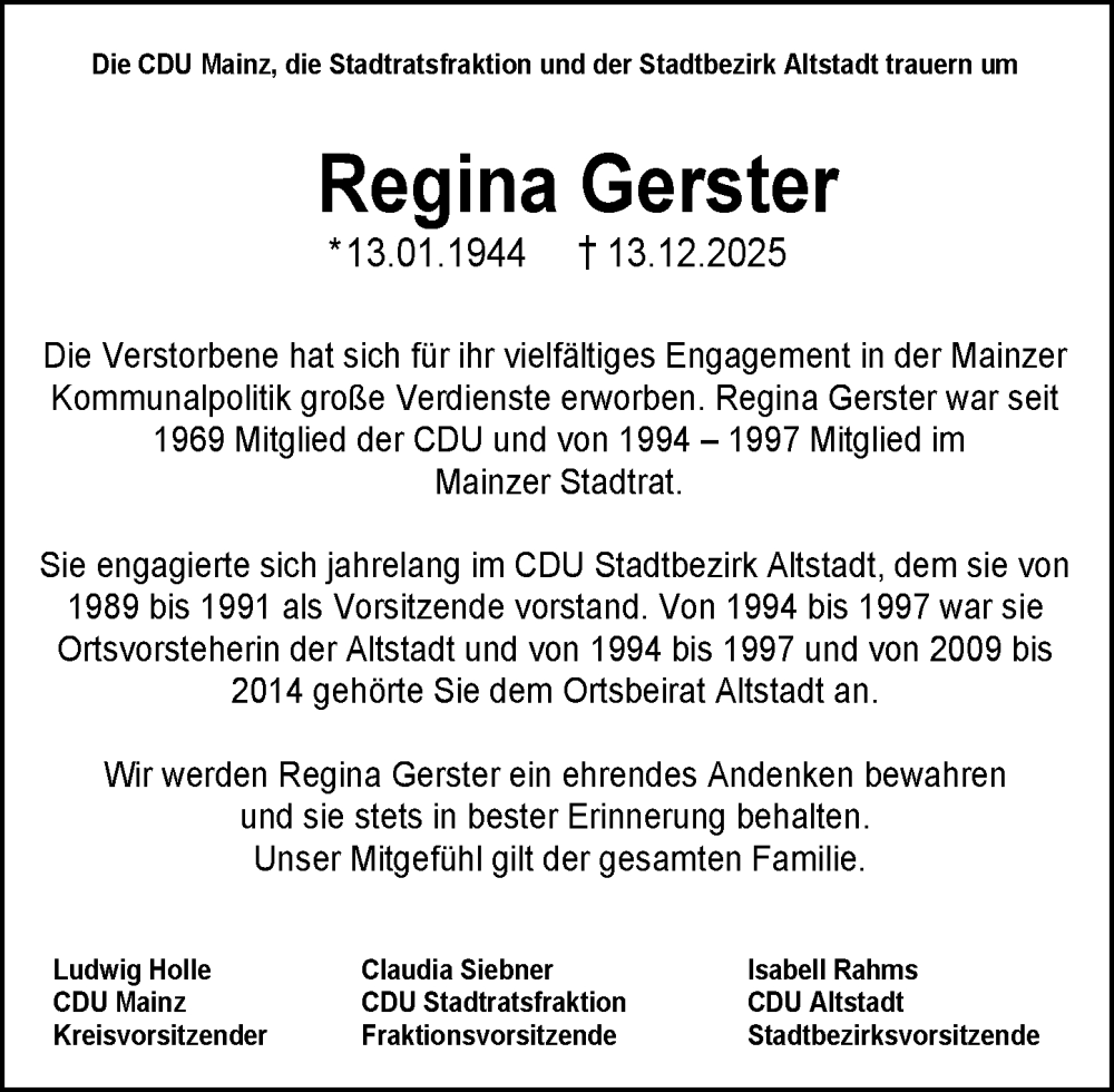  Traueranzeige für Regina Gerster vom 20.12.2025 aus Allgemeine Zeitung Mainz