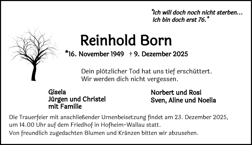  Traueranzeige für Reinhold Born vom 20.12.2025 aus Wiesbadener Kurier
