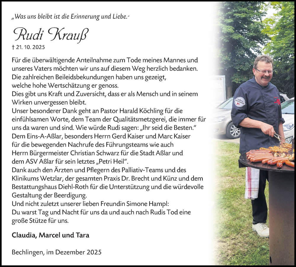  Traueranzeige für Rudi Krauß vom 20.12.2025 aus Wetzlarer Neue Zeitung