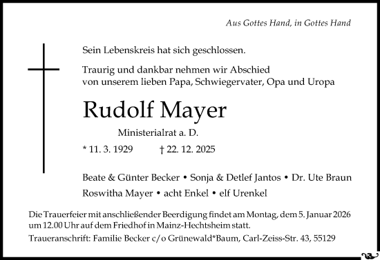Traueranzeige von Rudolf Mayer von Allgemeine Zeitung Mainz