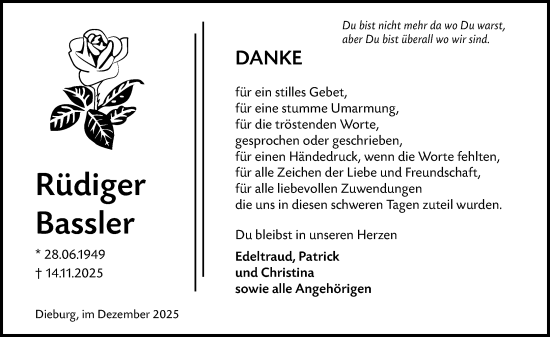 Traueranzeige von Rüdiger Bassler von Dieburger Anzeiger/Groß-Zimmerner Lokal-Anzeiger