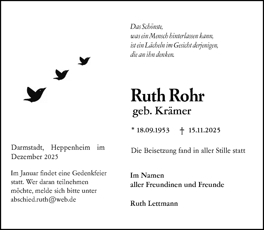  Traueranzeige für Ruth Rohr vom 06.12.2025 aus Darmstädter Echo