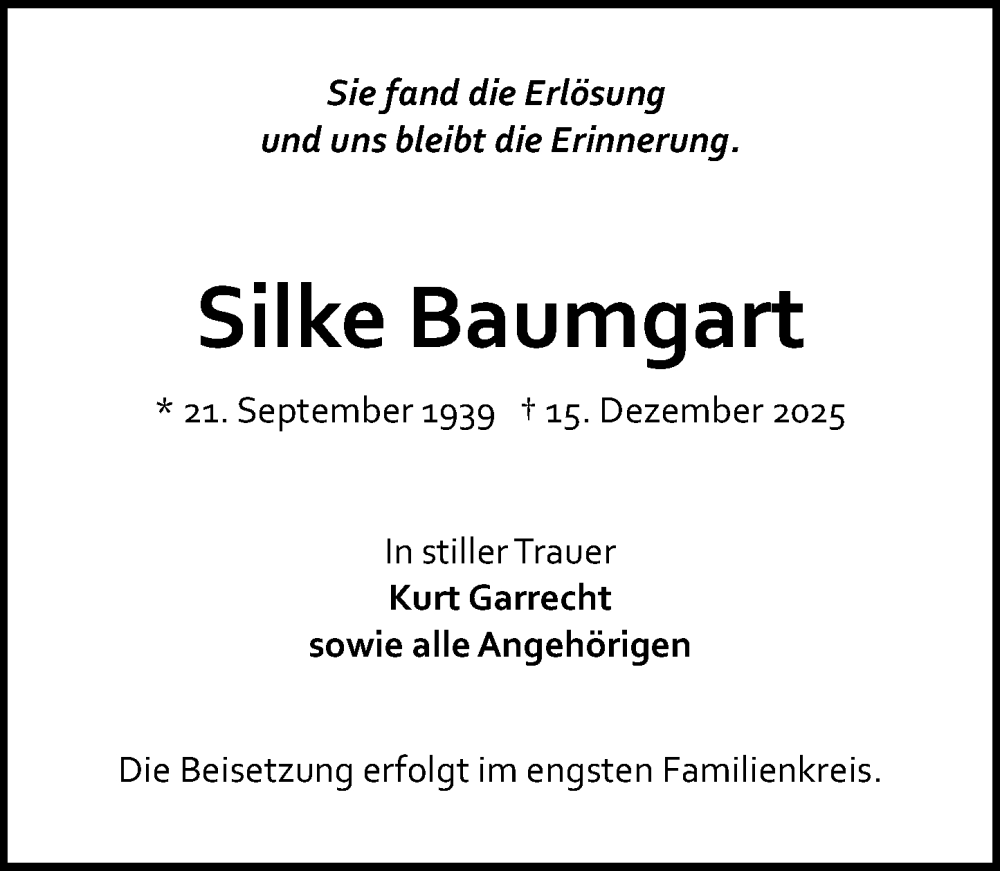 Traueranzeige für Silke Baumgart vom 20.12.2025 aus Allgemeine Zeitung Mainz