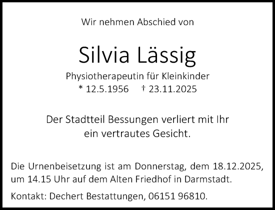 Traueranzeige von Silvia Lässig von Darmstädter Echo