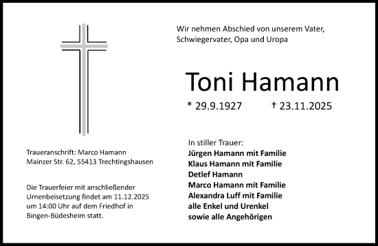 Traueranzeige von Toni Hamann von Allgemeine Zeitung Rheinhessen-Nahe