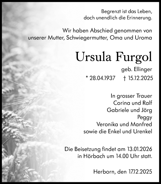 Traueranzeige von Ursula Furgol von Dill Block