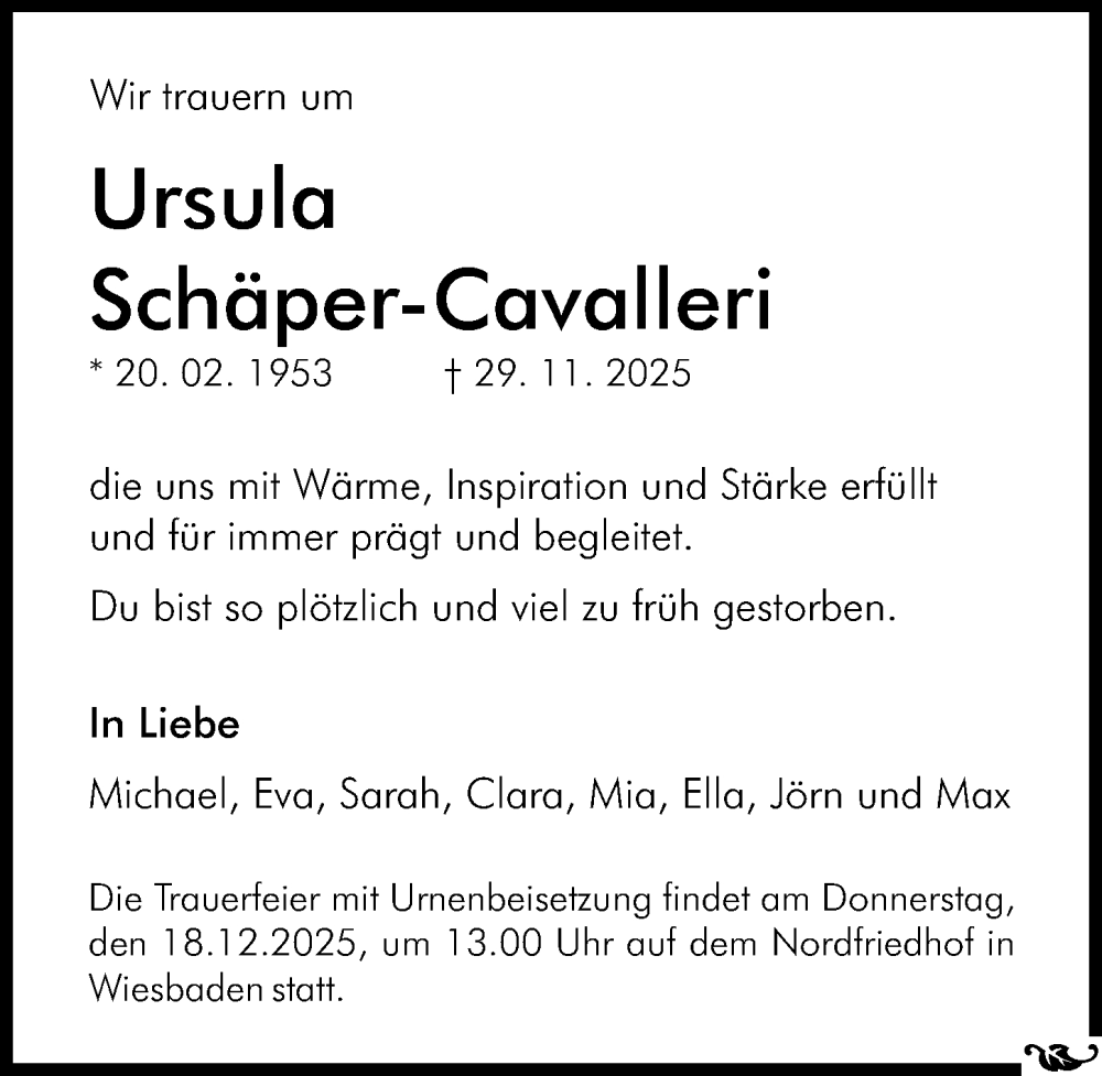  Traueranzeige für Ursula Schäper-Cavalleri vom 13.12.2025 aus Wiesbadener Kurier