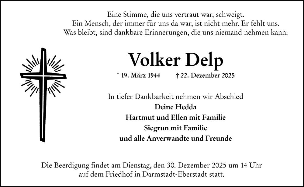  Traueranzeige für Volker Delp vom 27.12.2025 aus Darmstädter Echo