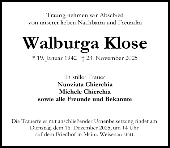 Traueranzeige von Walburga Klose von Allgemeine Zeitung Mainz