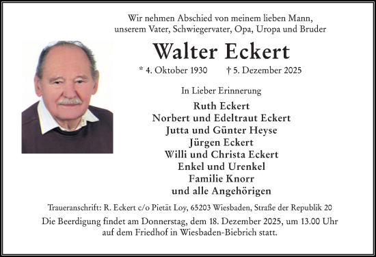 Traueranzeige von Walter Eckert von Wiesbadener Kurier